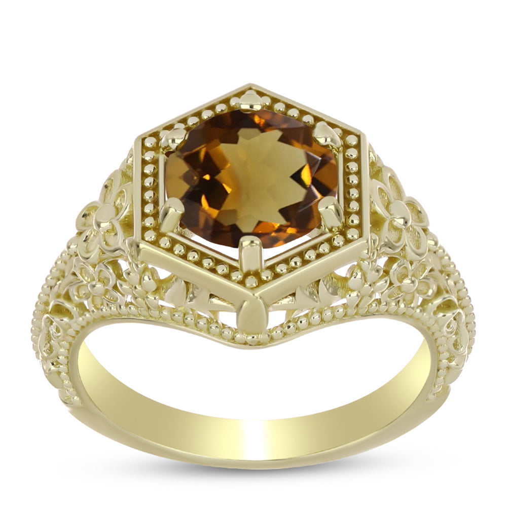 Anel de Prata com Banho de Ouro com Quartzo Cognac  Contraste: Cabeca de Veado (800)