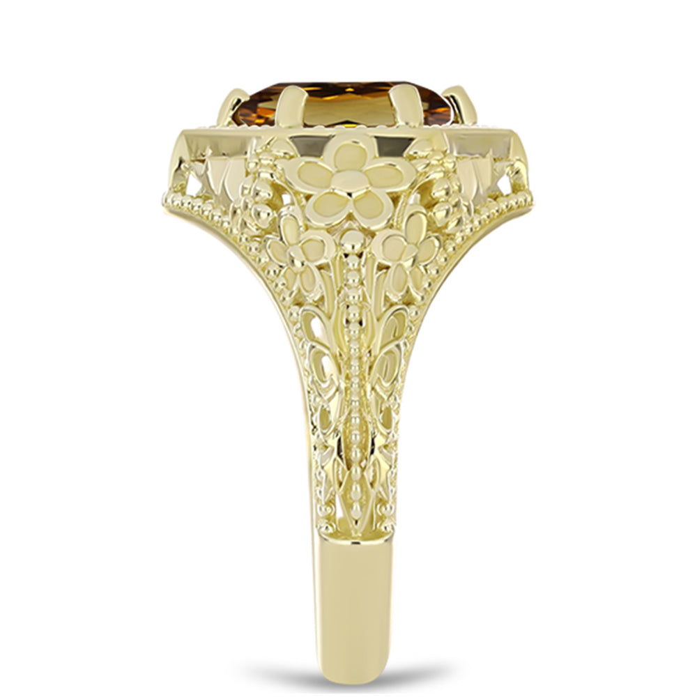 Anel de Prata com Banho de Ouro com Quartzo Cognac  Contraste: Cabeca de Veado (800)