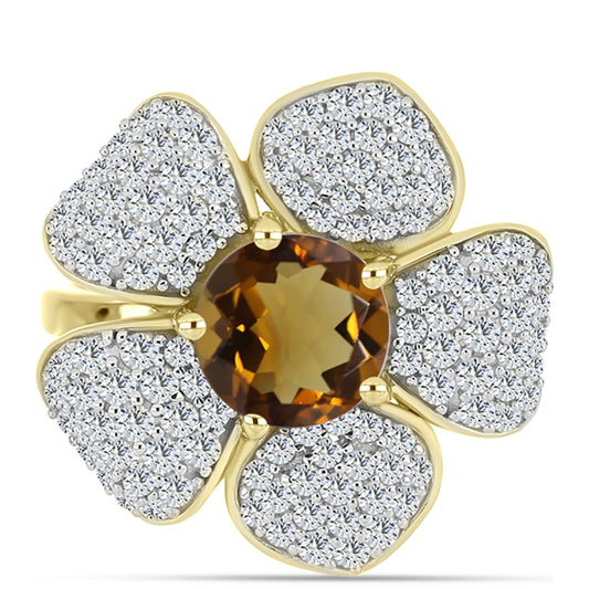 Anel de Prata com Banho de Ouro com Quartzo Cognac e Topázio Branco  Contraste: Cabeca de Veado (800)