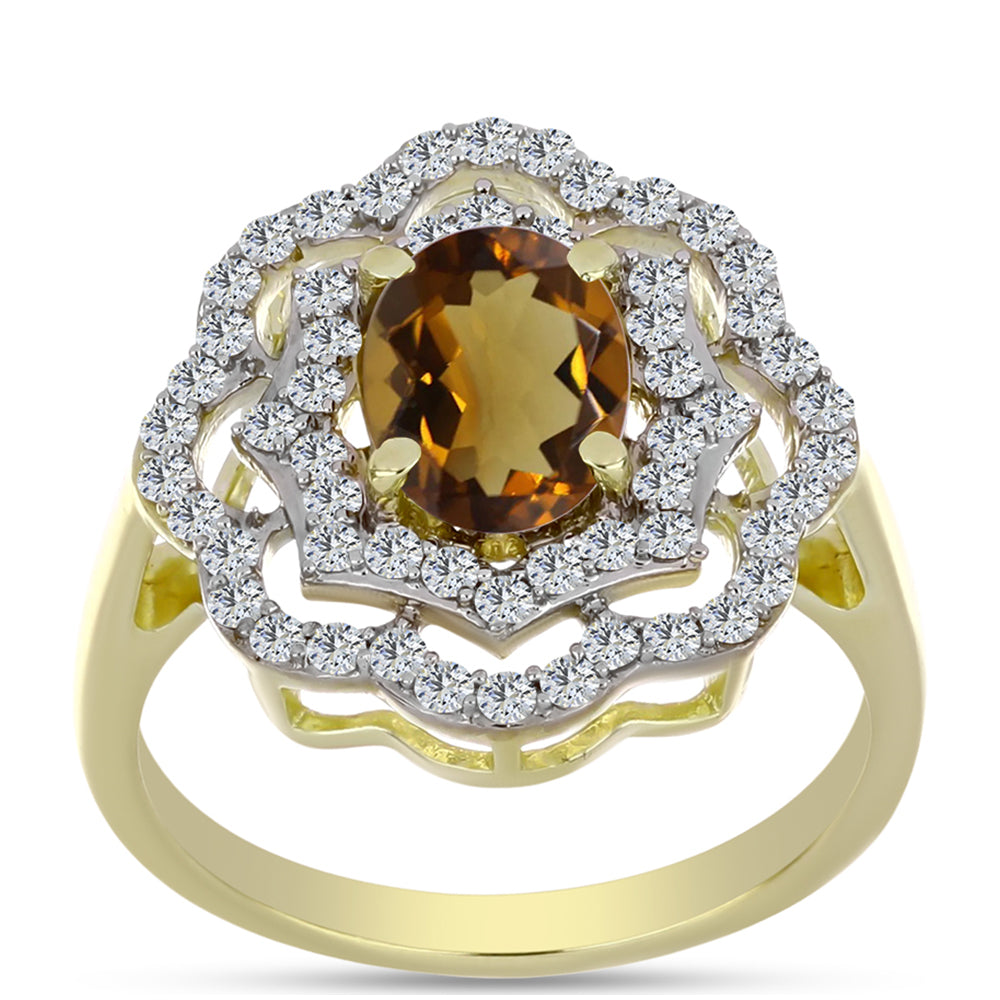 Anel de Prata com Banho de Ouro com Quartzo Cognac e Topázio Branco  Contraste: Cabeca de Veado (800) 3 