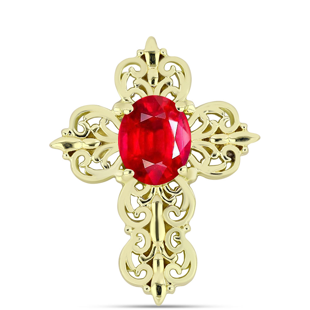 Cruz Pendente de Prata com Banho de Ouro com Ágata Vermelha  Contraste: Cabeca de Veado (800)