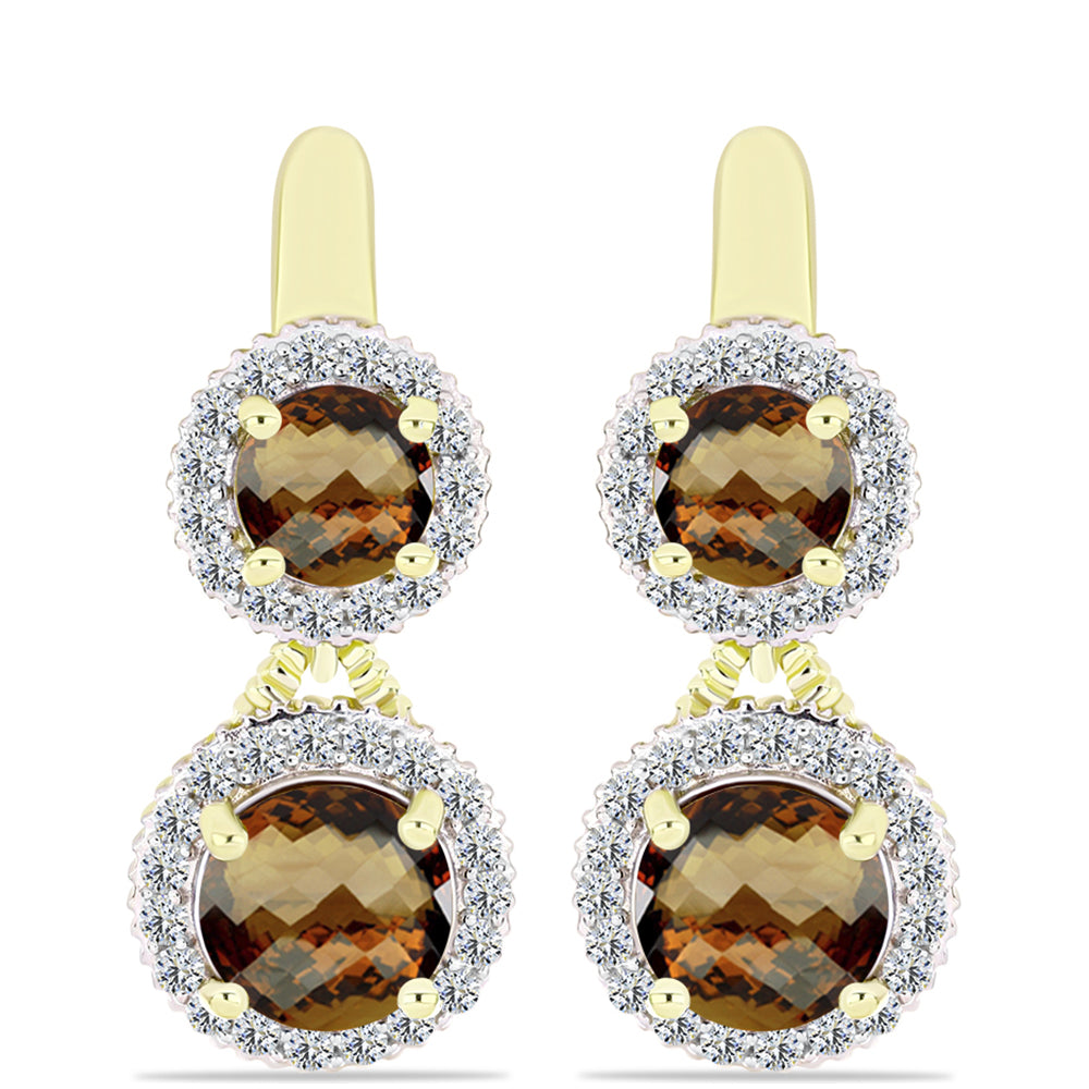 Brincos de Prata com Banho de Ouro com Quartzo Cognac e Topázio Branco  Contraste: Cabeca de Veado (800) 1 