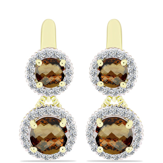 Brincos de Prata com Banho de Ouro com Quartzo Cognac e Topázio Branco  Contraste: Cabeca de Veado (800)