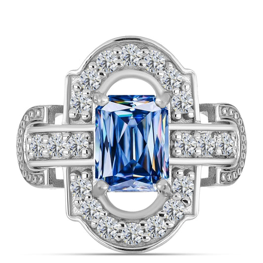 Anel de Prata com Moissanite Azul Oceano e Topázio Branco  Contraste: Cabeca de Veado (800)