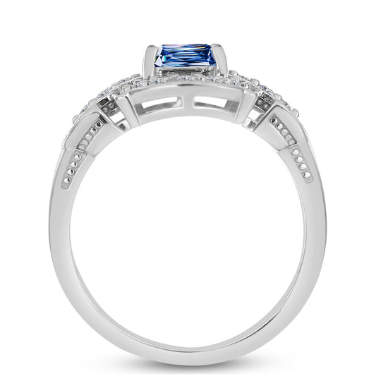 Anel de Prata com Moissanite Azul Oceano e Topázio Branco  Contraste: Cabeca de Veado (800)