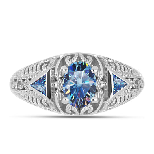 Anel de Prata com Moissanite Azul Oceano  Contraste: Cabeca de Veado (800)