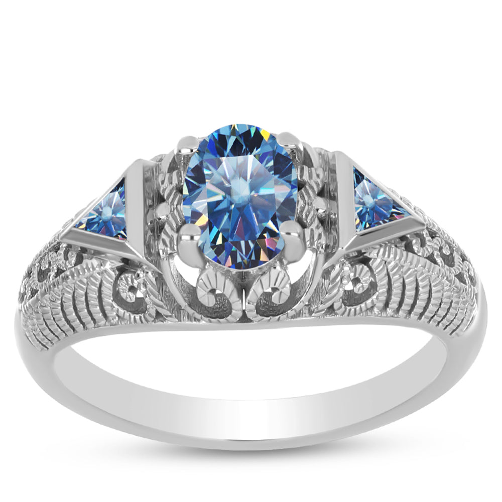 Anel de Prata com Moissanite Azul Oceano  Contraste: Cabeca de Veado (800)