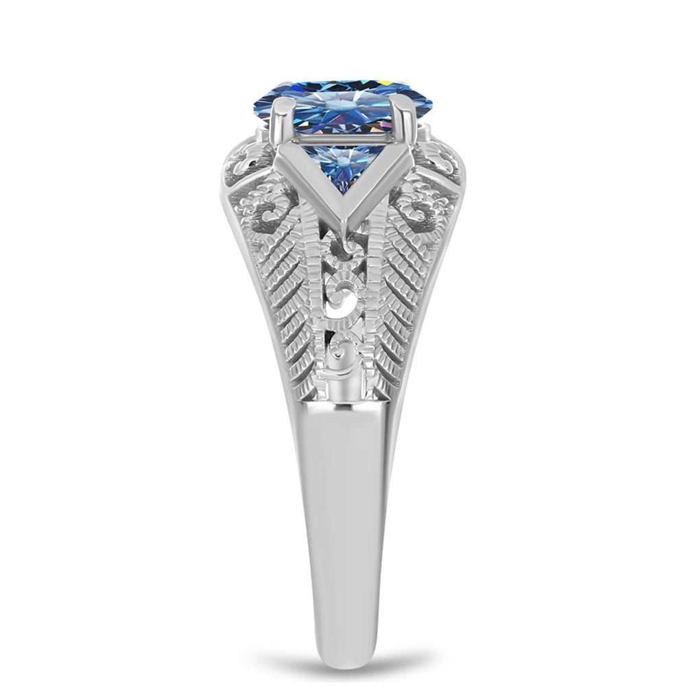Anel de Prata com Moissanite Azul Oceano  Contraste: Cabeca de Veado (800)