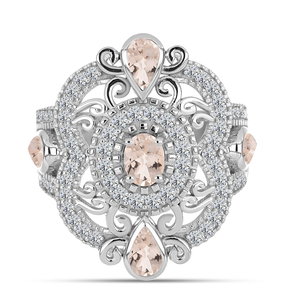 Anel de Prata com Morganita de Gozareh e Topázio Branco  Contraste: Cabeca de Veado (800)