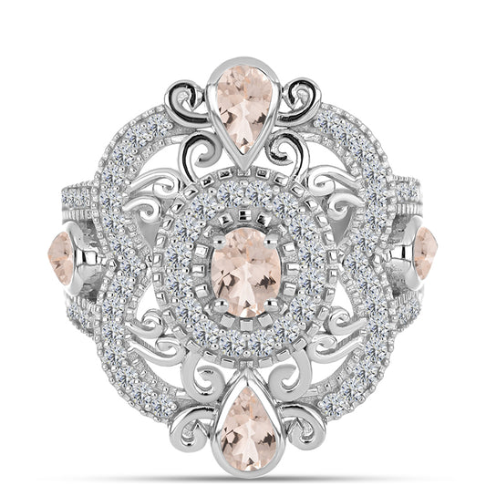 Anel de Prata com Morganita de Gozareh e Topázio Branco  Contraste: Cabeca de Veado (800)