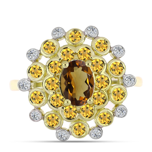 Anel de Prata com Banho de Ouro com Quartzo Cognac e Topázio Branco  Contraste: Cabeca de Veado (800)