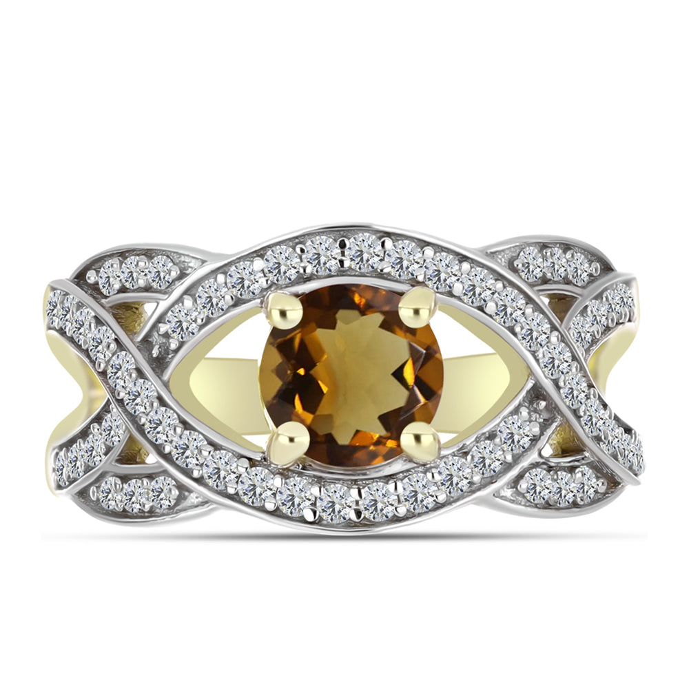 Anel de Prata com Banho de Ouro com Quartzo Cognac e Topázio Branco  Contraste: Cabeca de Veado (800) 1 