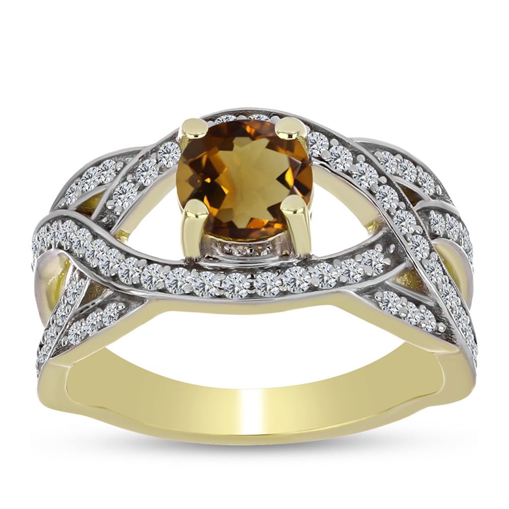 Anel de Prata com Banho de Ouro com Quartzo Cognac e Topázio Branco  Contraste: Cabeca de Veado (800)