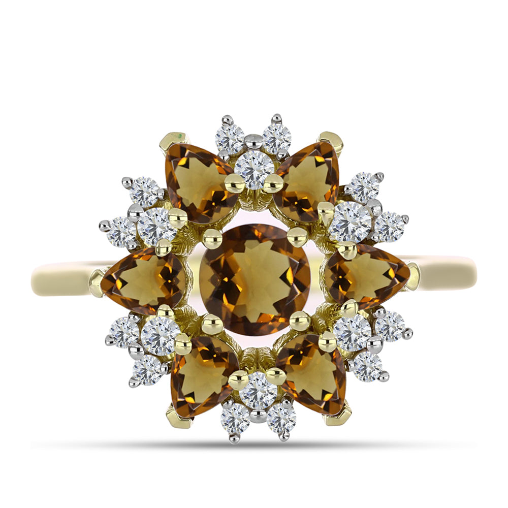 Anel de Prata com Banho de Ouro com Quartzo Cognac e Topázio Branco  Contraste: Cabeca de Veado (800)