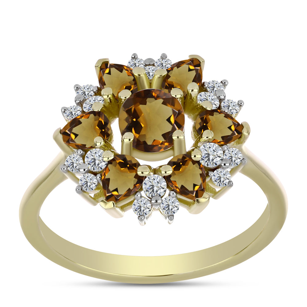 Anel de Prata com Banho de Ouro com Quartzo Cognac e Topázio Branco  Contraste: Cabeca de Veado (800)