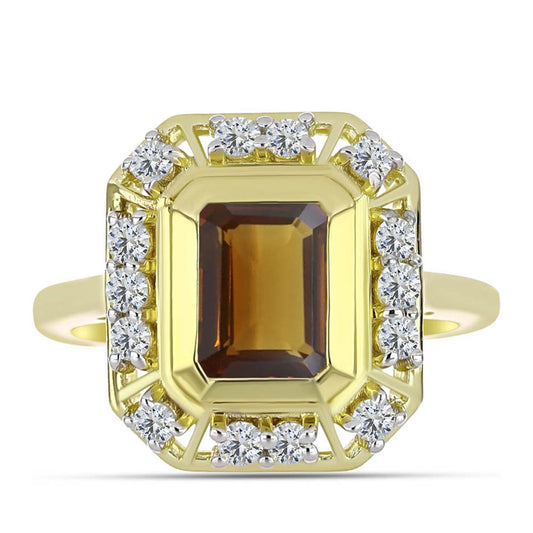 Anel de Prata com Banho de Ouro com Quartzo Cognac e Topázio Branco  Contraste: Cabeca de Veado (800)