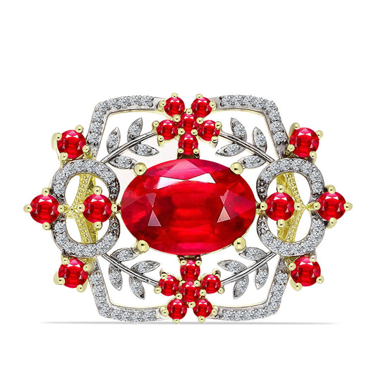 Alfinete de Prata com Banho de Ouro com Ágata Vermelha e Topázio Branco  Contraste: Cabeca de Veado (800)