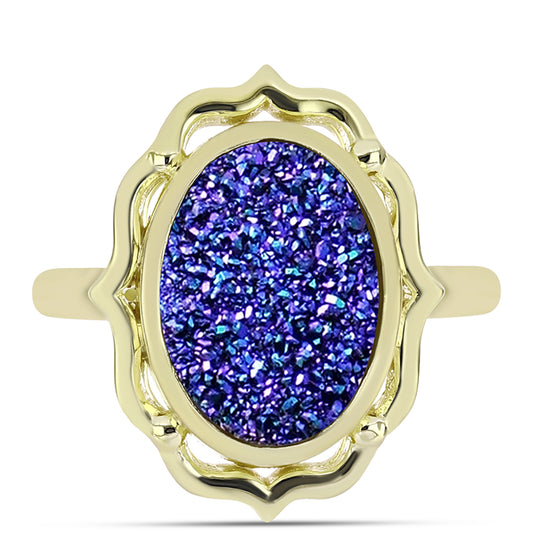 Anel de Prata com Banho de Ouro com Drusy Roxo  Contraste: Cabeca de Veado (800)