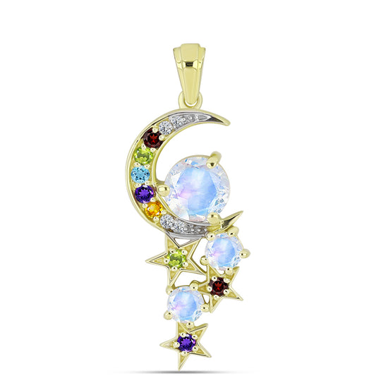 Pendente de Prata com Banho de Ouro com Pedra da Lua Arco-íris  Contraste: Cabeca de Veado (800)