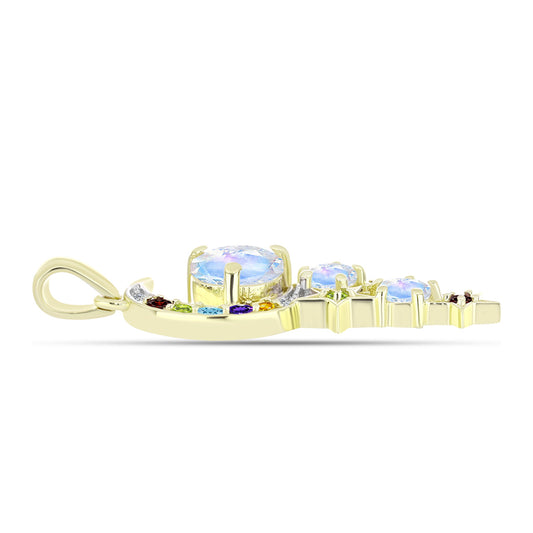 Pendente de Prata com Banho de Ouro com Pedra da Lua Arco-íris  Contraste: Cabeca de Veado (800)