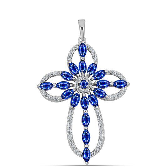Cruz Pendente de Prata com Safira Azul Australiana e Topázio Branco  Contraste: Cabeca de Veado (800)