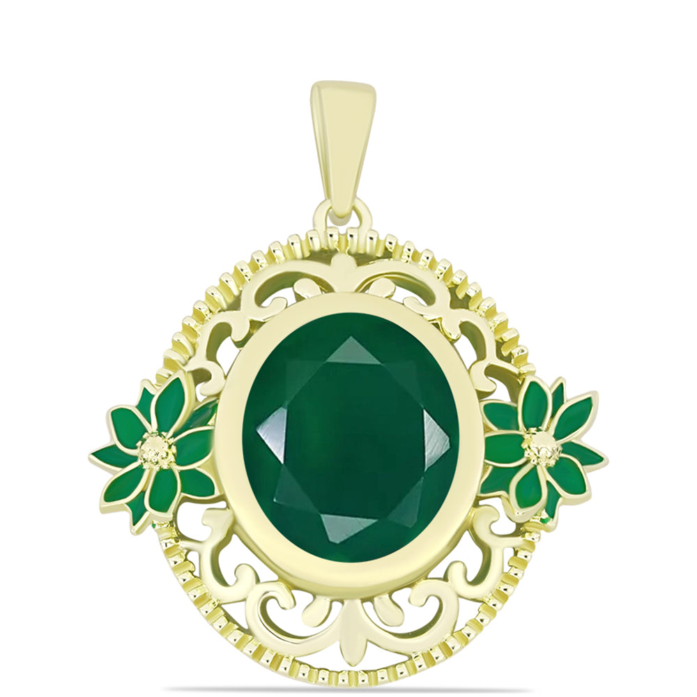Pendente de Prata com Banho de Ouro com Ágata Verde  Contraste: Cabeca de Veado (800)