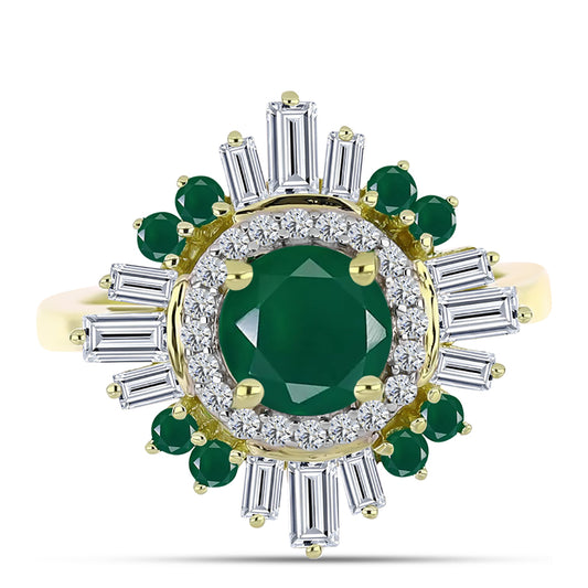 Anel de Prata com Banho de Ouro com Ágata Verde e Zircão Branco  Contraste: Cabeca de Veado (800)