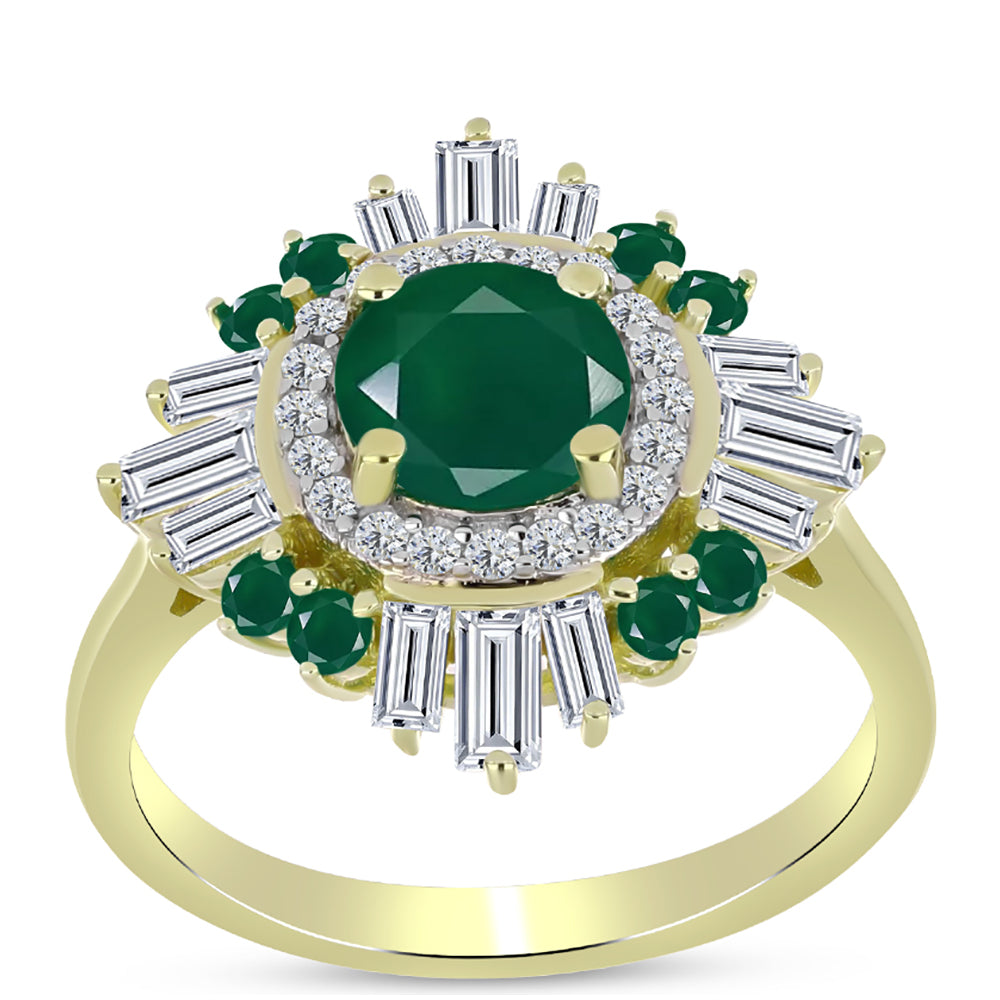 Anel de Prata com Banho de Ouro com Ágata Verde e Zircão Branco  Contraste: Cabeca de Veado (800)