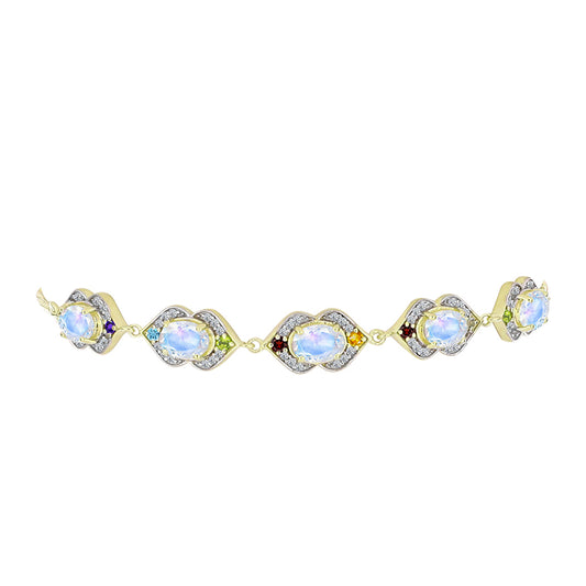Pulseira de Prata com Banho de Ouro com Pedra da Lua Arco-íris e Ametista de Marrocos  Contraste: Cabeca de Veado (800)