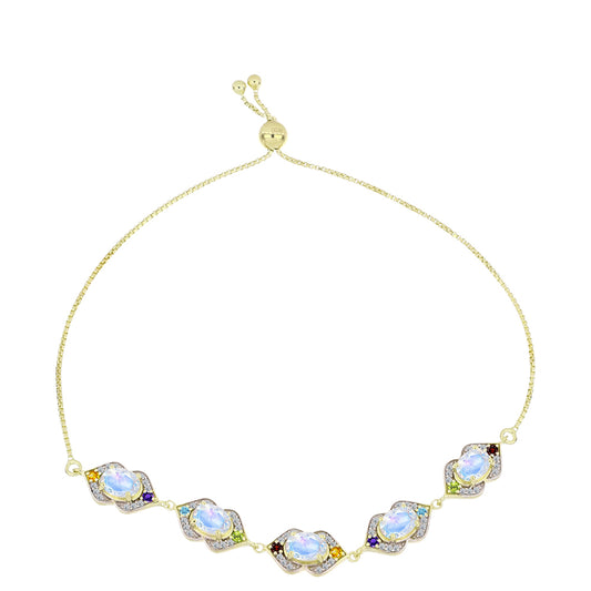 Pulseira de Prata com Banho de Ouro com Pedra da Lua Arco-íris e Ametista de Marrocos  Contraste: Cabeca de Veado (800)