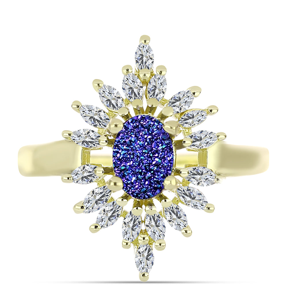 Anel de Prata com Banho de Ouro com Drusy Roxo e Zircão Branco  Contraste: Cabeca de Veado (800) 1 