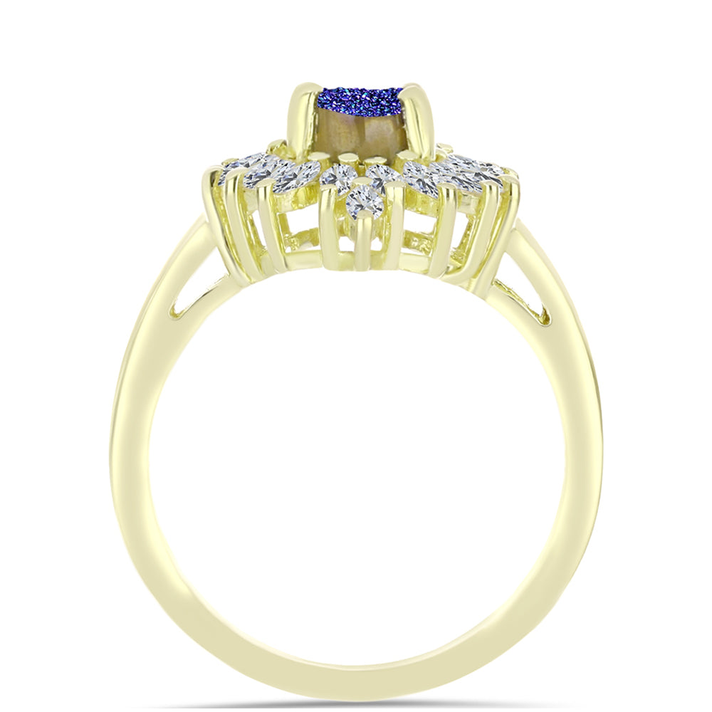 Anel de Prata com Banho de Ouro com Drusy Roxo e Zircão Branco  Contraste: Cabeca de Veado (800)
