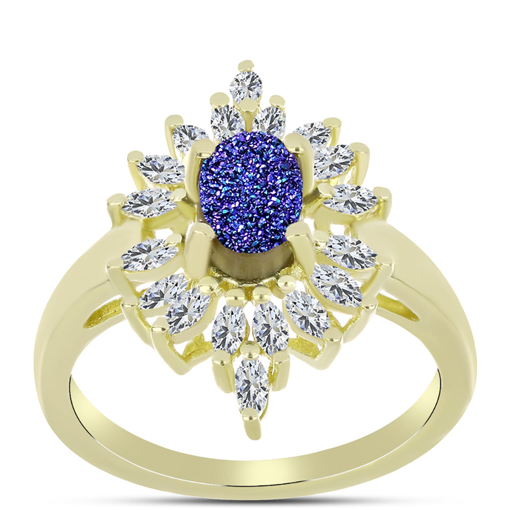 Anel de Prata com Banho de Ouro com Drusy Roxo e Zircão Branco  Contraste: Cabeca de Veado (800) 3 