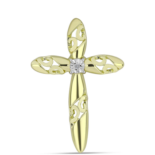 Cruz Pendente de Prata com Banho de Ouro com Diamante Branco