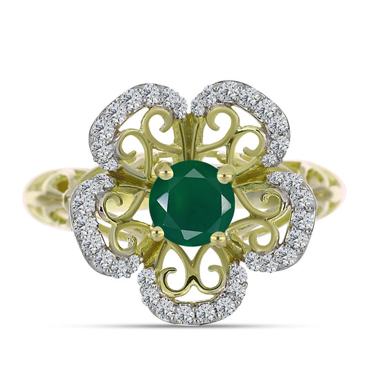 Anel de Prata com Banho de Ouro com Ágata Verde e Topázio Branco  Contraste: Cabeca de Veado (800)