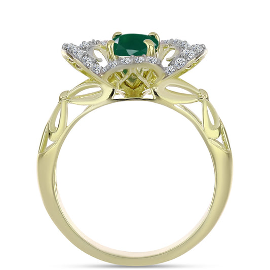 Anel de Prata com Banho de Ouro com Ágata Verde e Topázio Branco  Contraste: Cabeca de Veado (800)