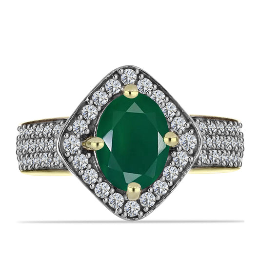 Anel de Prata com Banho de Ouro com Ágata Verde e Topázio Branco  Contraste: Cabeca de Veado (800)