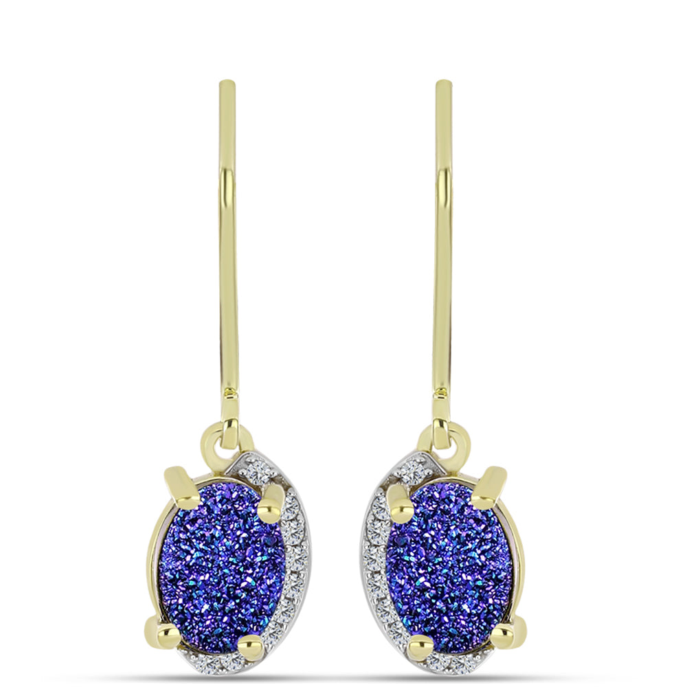 Brincos de Prata com Banho de Ouro com Drusy Roxo e Topázio Branco