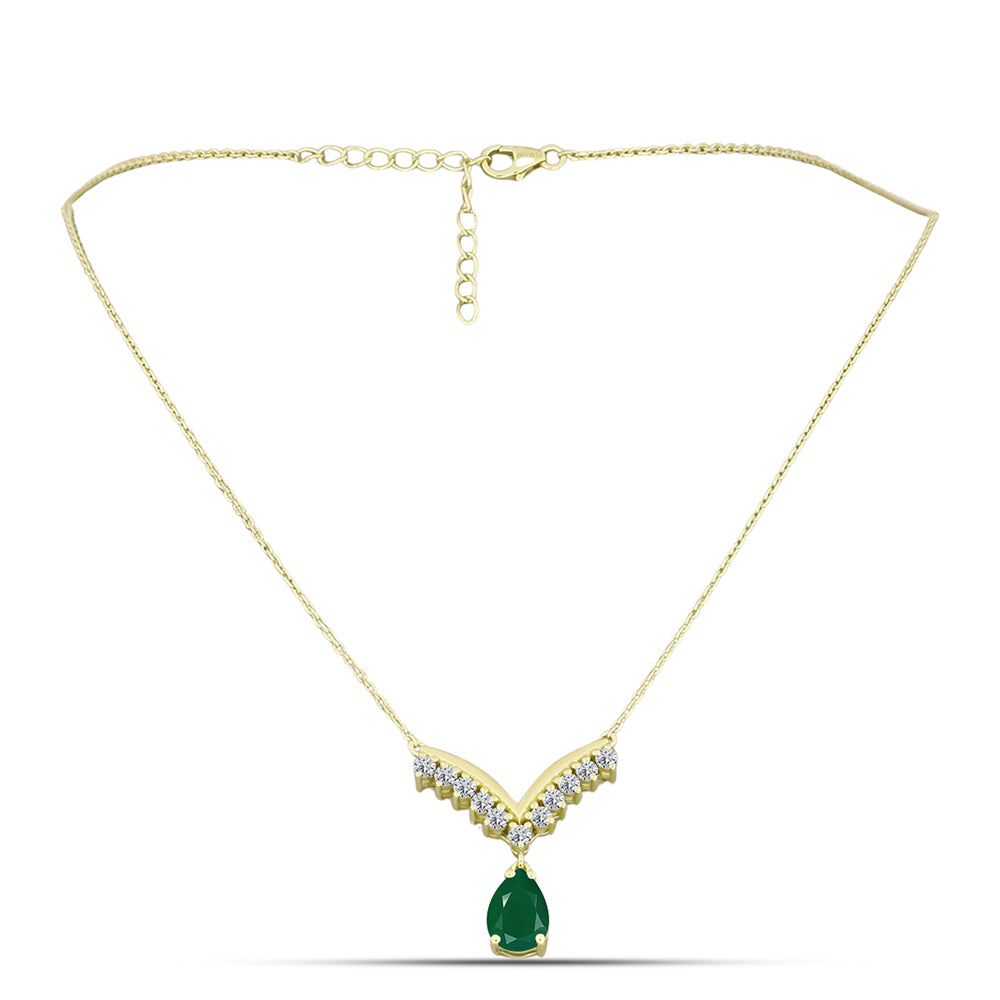 Colar de Prata com Banho de Ouro com Ágata Verde e Topázio Branco  Contraste: Cabeca de Veado (800)