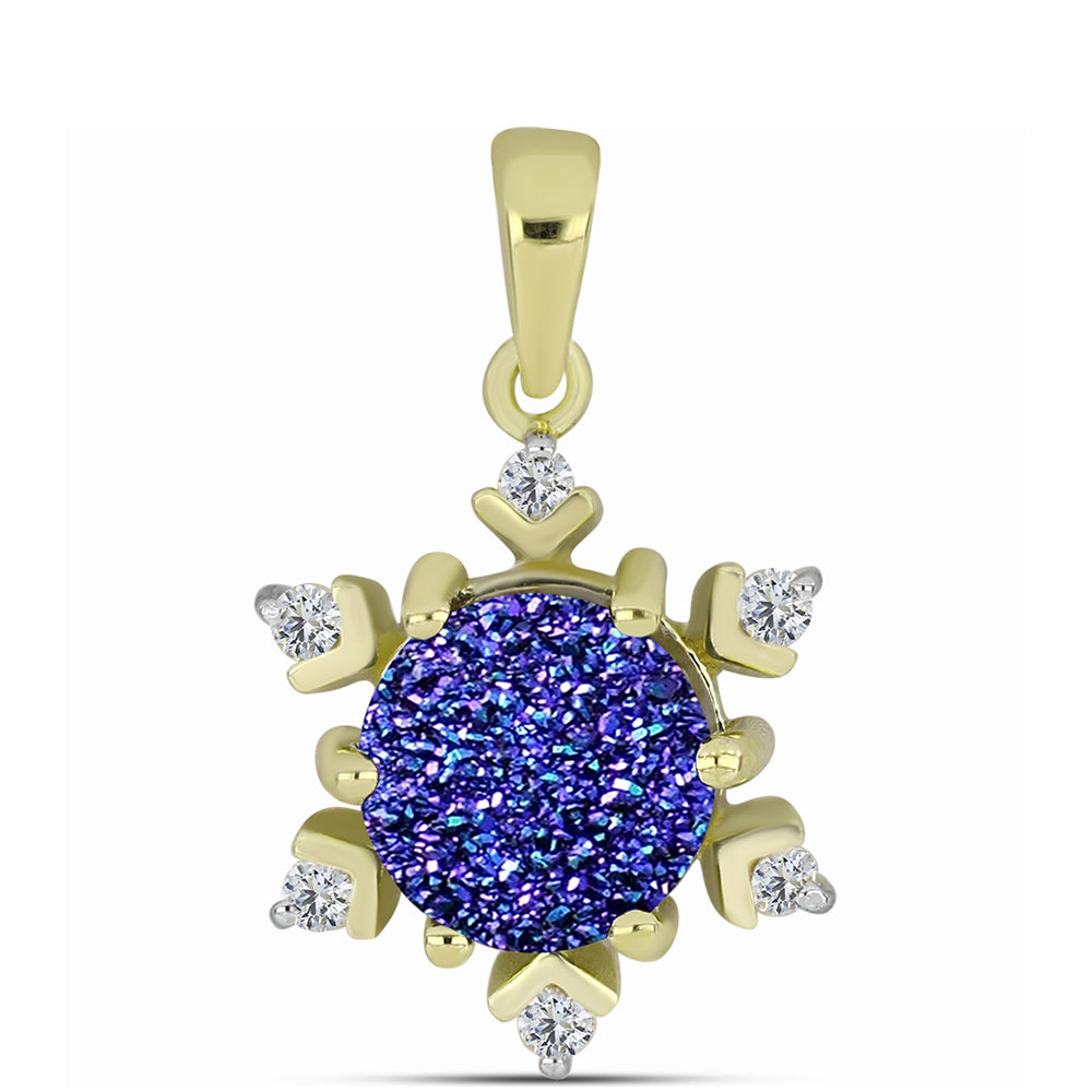 Pendente de Prata com Banho de Ouro com Drusy Roxo e Topázio Branco 3 