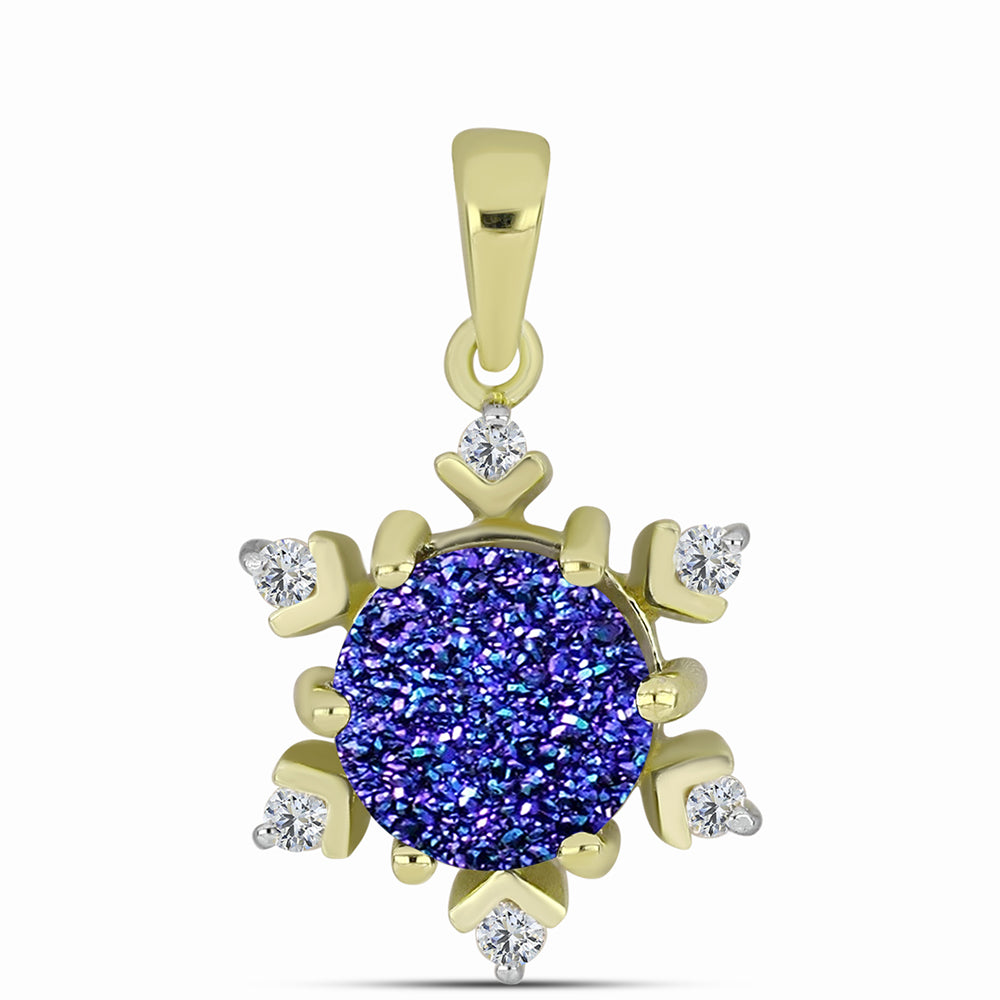 Pendente de Prata com Banho de Ouro com Drusy Roxo e Topázio Branco 1 
