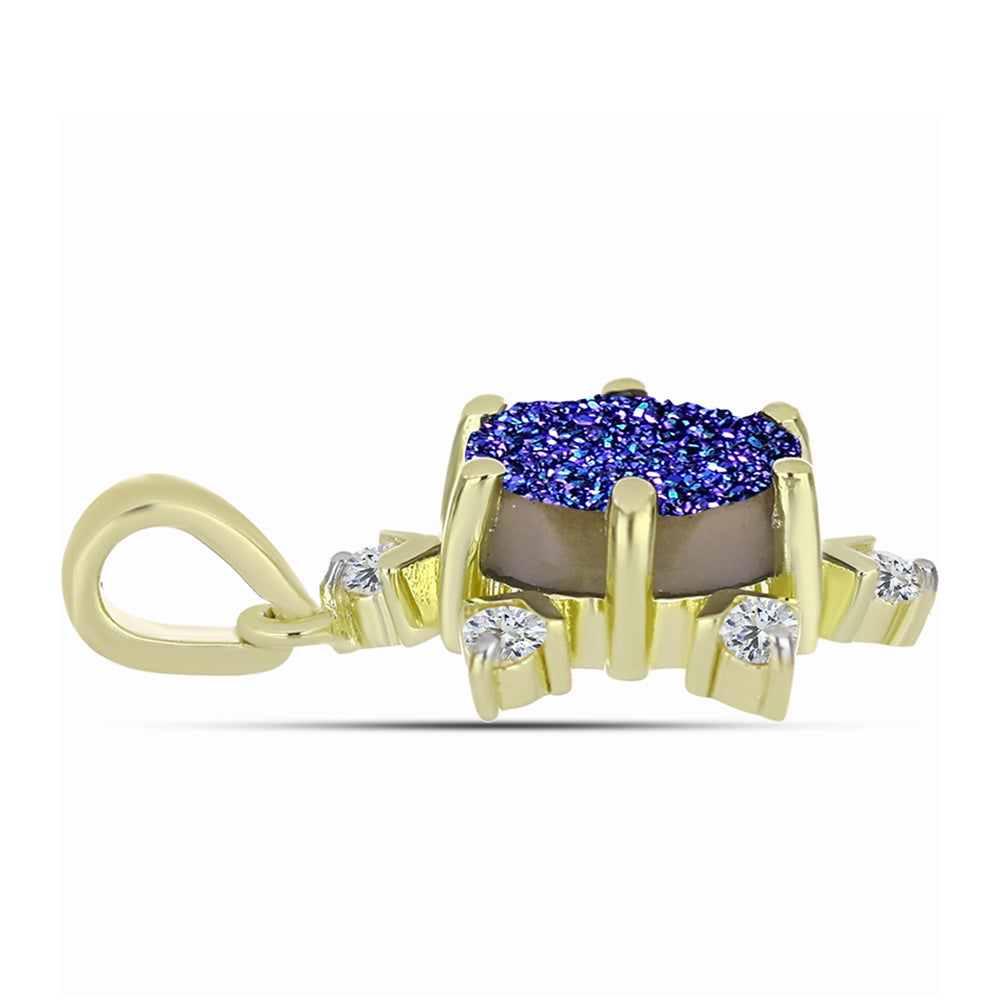 Pendente de Prata com Banho de Ouro com Drusy Roxo e Topázio Branco