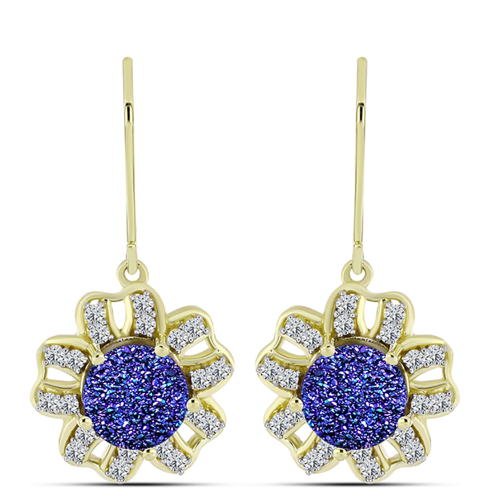 Brincos de Prata com Banho de Ouro com Drusy Roxo e Topázio Branco