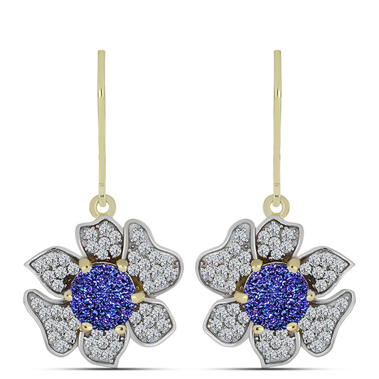 Brincos de Prata com Banho de Ouro com Drusy Roxo e Topázio Branco