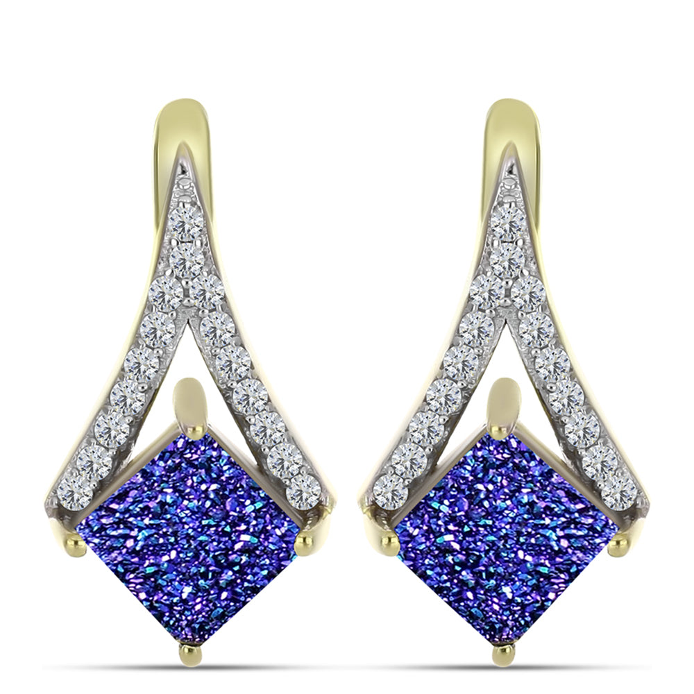 Brincos de Prata com Banho de Ouro com Drusy Roxo e Topázio Branco