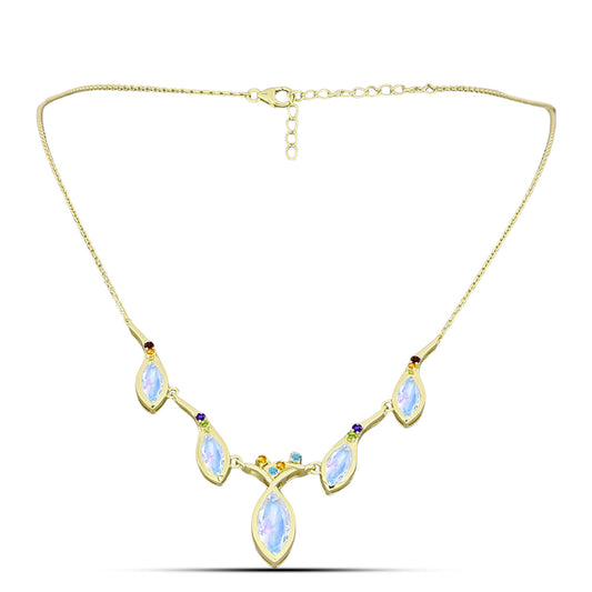 Colar de Prata com Banho de Ouro com Pedra da Lua Arco-íris  Contraste: Cabeca de Veado (800)
