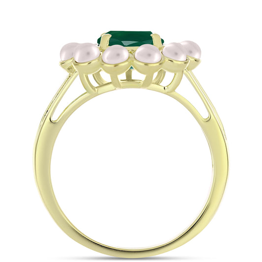 Anel de Prata com Banho de Ouro com Ágata Verde e Pérola Branca de Água Doce  Contraste: Cabeca de Veado (800)