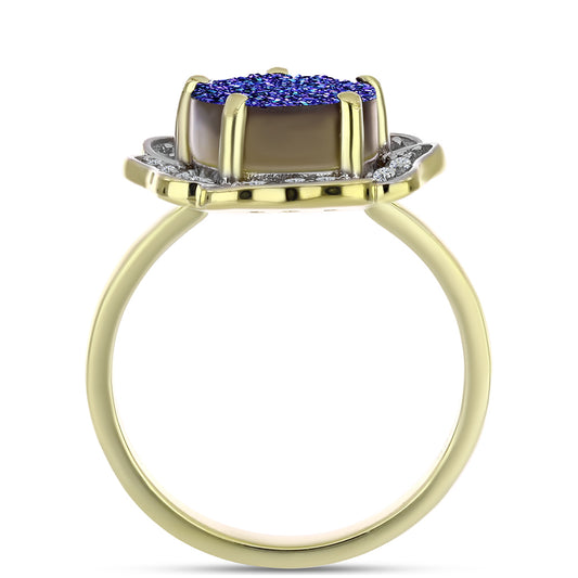 Anel de Prata com Banho de Ouro com Drusy Roxo e Topázio Branco  Contraste: Cabeca de Veado (800)
