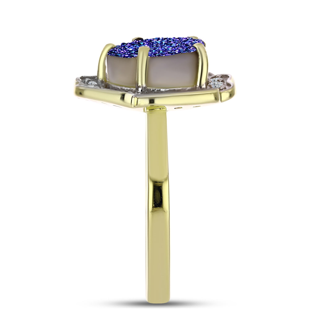 Anel de Prata com Banho de Ouro com Drusy Roxo e Topázio Branco  Contraste: Cabeca de Veado (800) 8 