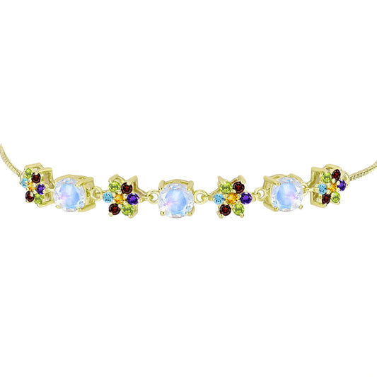Pulseira de Prata com Banho de Ouro com Pedra da Lua Arco-íris e Ametista de Marrocos  Contraste: Cabeca de Veado (800)